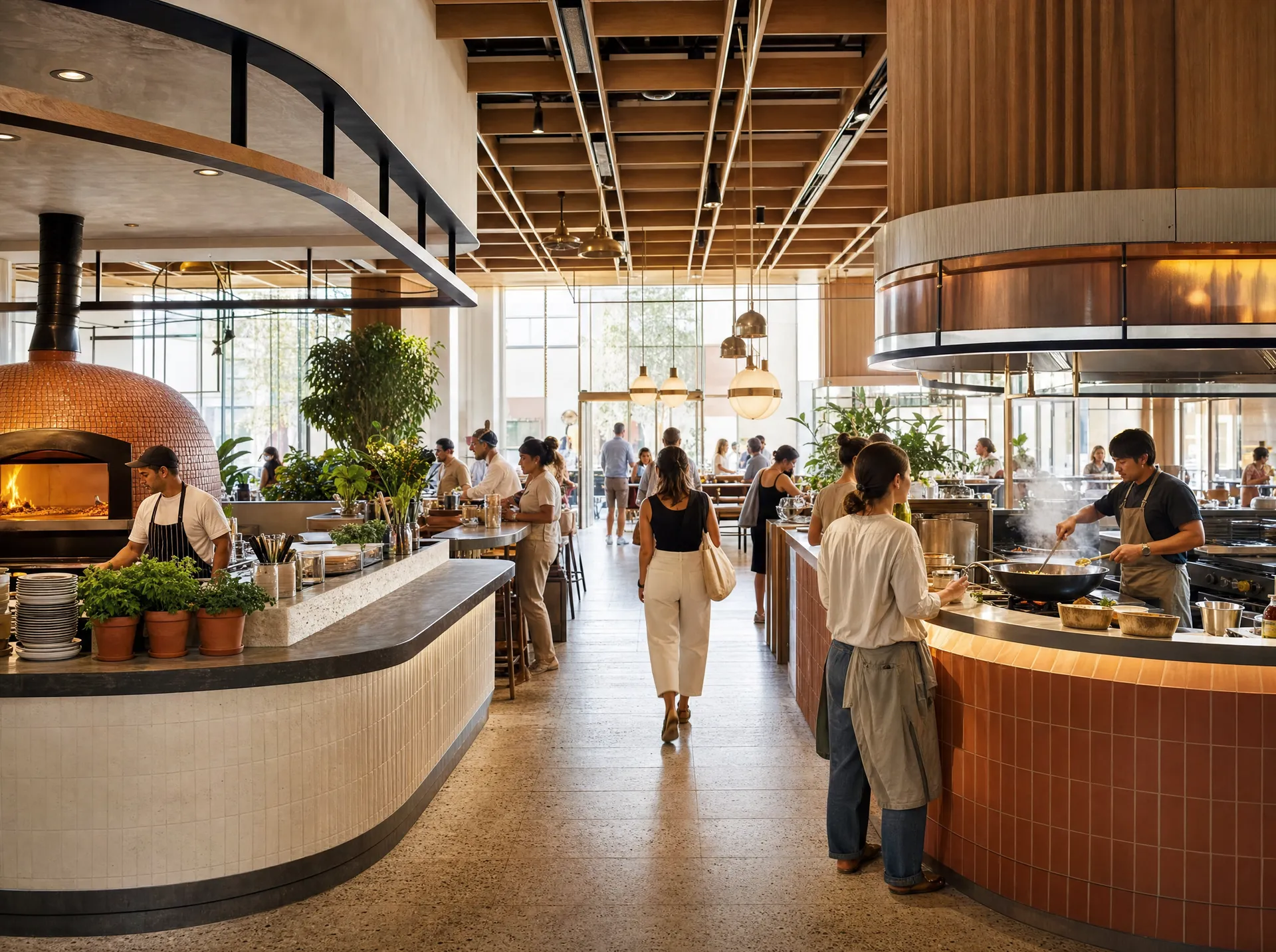 Lebendige moderne Food-Hall mit mehreren Counter-Konzepten
