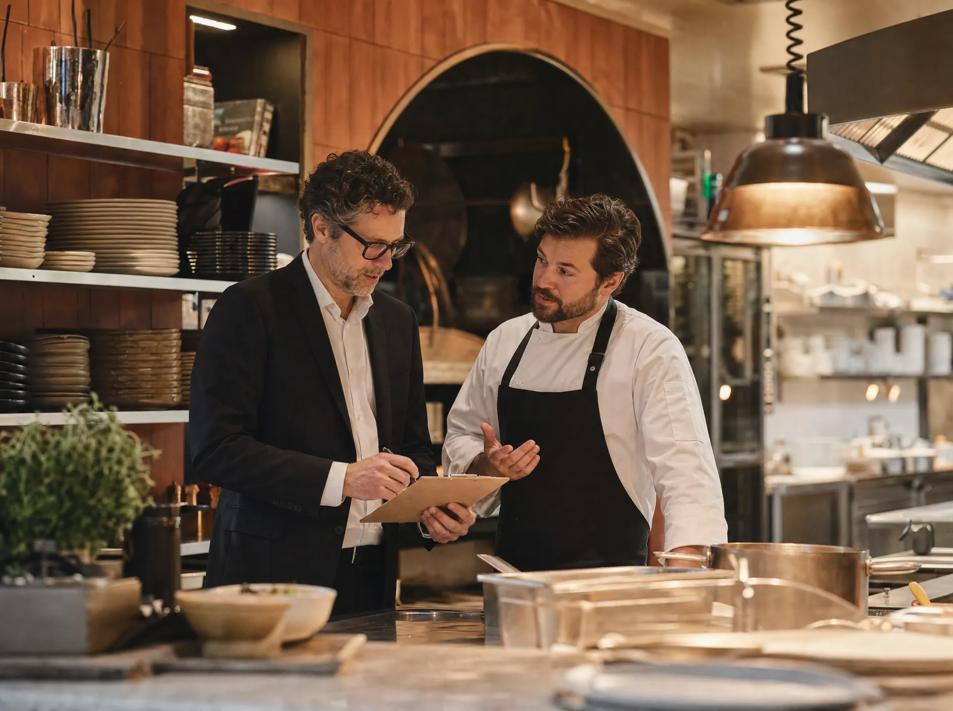Berater und Küchenchef im Gespräch am Pass einer Profiküche