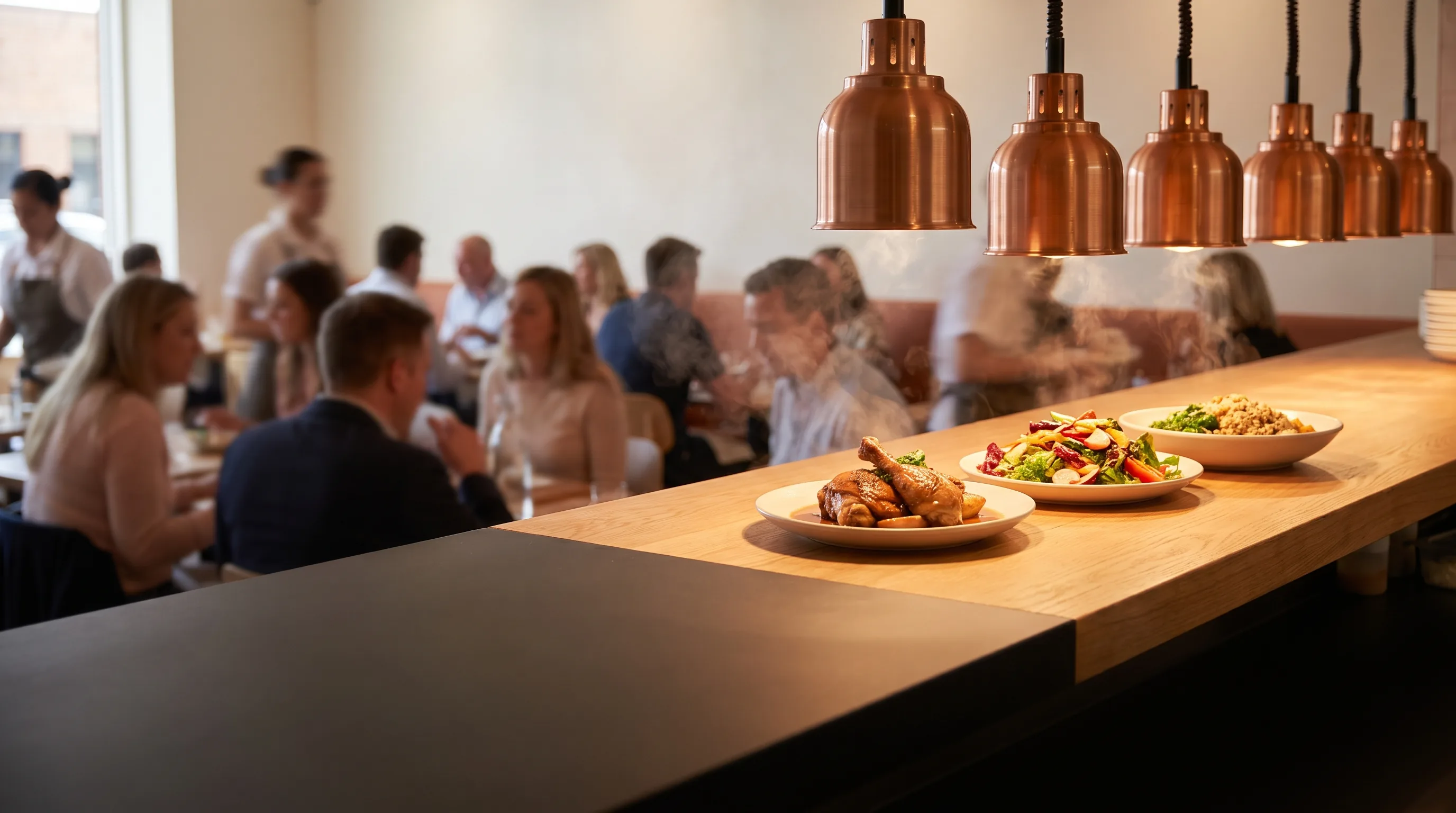 Pass eines gut laufenden Restaurants am Abend: angerichtete Teller unter Kupferlampen, dahinter ein voller Gastraum