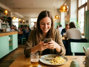 Junge Frau lächelt beim Restaurantbesuch auf ihr Smartphone, halbgegessenes Gericht vor ihr, modernes deutsches Restaurant im Hintergrund.