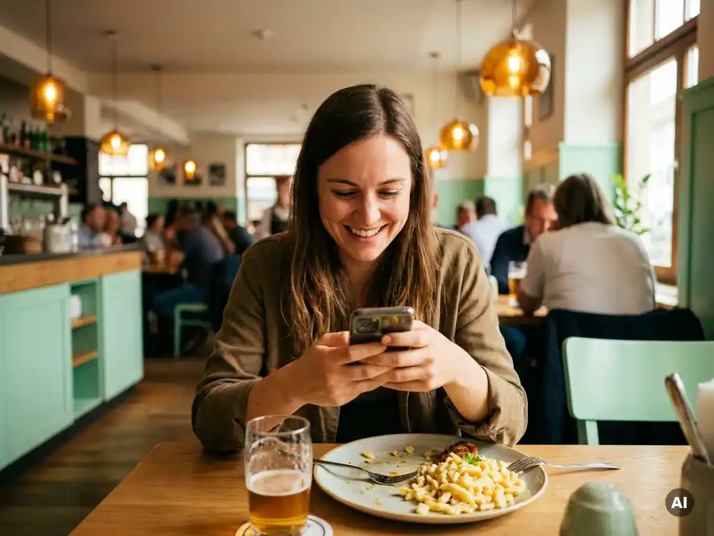 Junge Frau lächelt beim Restaurantbesuch auf ihr Smartphone, halbgegessenes Gericht vor ihr, modernes deutsches Restaurant im Hintergrund.