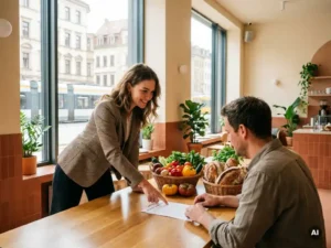 Junge Frau prüft Liefervertrag für frisches Gemüse und Brot mit einem Lieferanten in einem modernen deutschen Café.