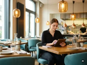 Junge Restaurantleiterin liest Gästebewertungen auf Tablet in modernem deutschen Bistro mit eleganter Tischkultur.
