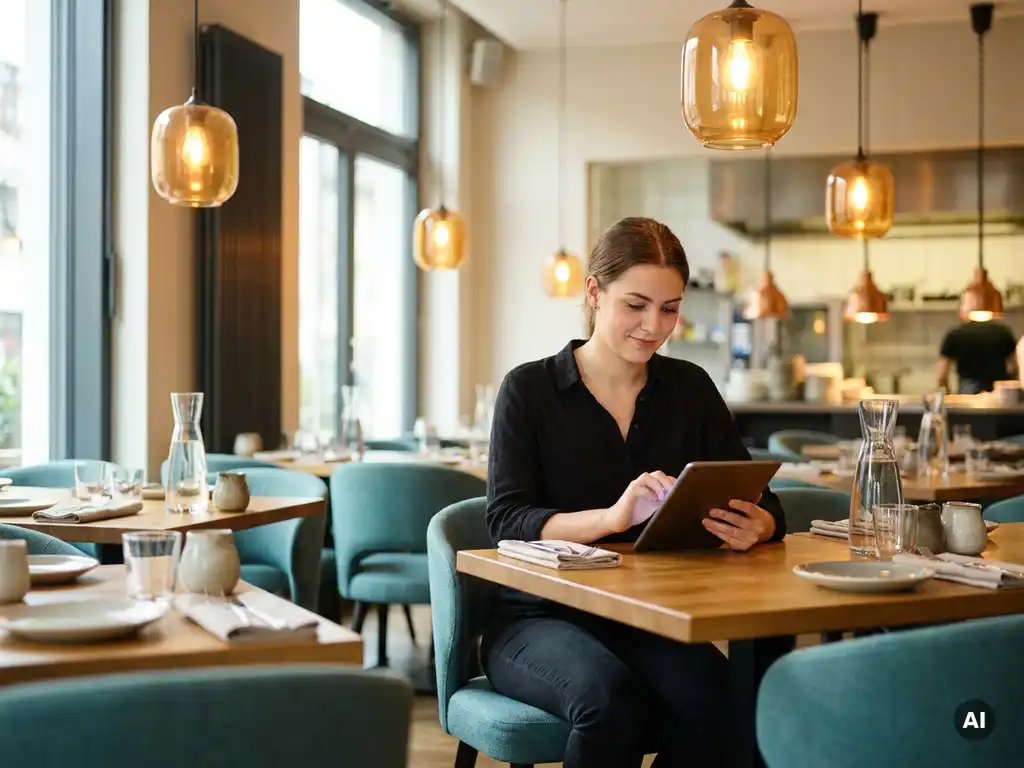 Junge Restaurantleiterin liest Gästebewertungen auf Tablet in modernem deutschen Bistro mit eleganter Tischkultur.