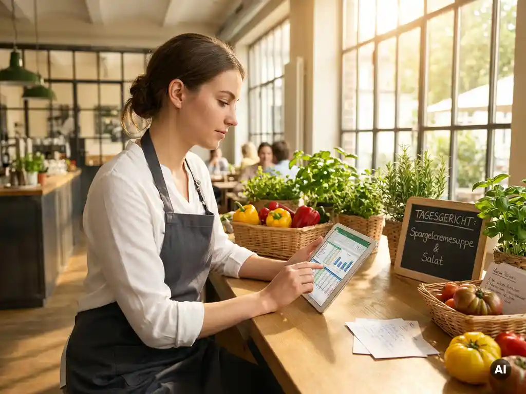 Junger Restaurantmanager prüft Zutatenkosten auf Tablet, umgeben von frischem Gemüse und Rezeptkarten in modernem deutschen Bistro.