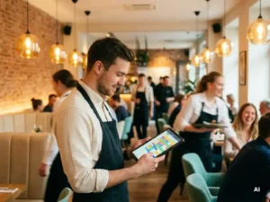 Junger Restaurantmanager in deutschem Bistro prüft Dienstplan auf leuchtendem Tablet beim Freitagabend-Ansturm.